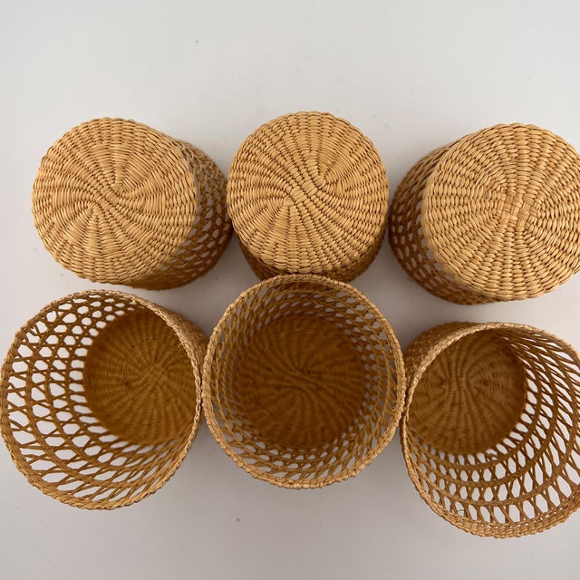 Vintage Woven Rattan Wicker Glass Holders Coastal Barware - Set of 6 For Sale - Image 9 of 11