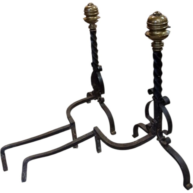 Baroque Handsome Antique Baroque Wrought Iron and Brass Fireplace Andirons For Sale - Image 3 of 3