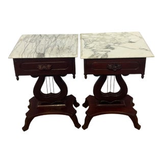 Antique American Empire Style Mahogany Lyre Parlor Tables With Distinct Italian Marble Tops - A Pair For Sale