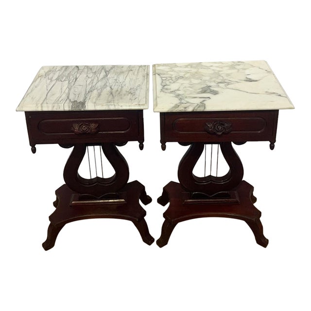 Antique American Empire Style Mahogany Lyre Parlor Tables With Distinct Italian Marble Tops - A Pair For Sale