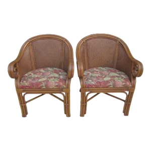 1990s Tommy Bahama Style Bamboo Wicker Arm Chairs - a Pair