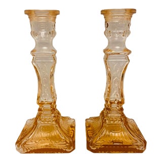 Vintage Ethan Allen Peachy Pink Glass Candlesticks - Set of 2 For Sale