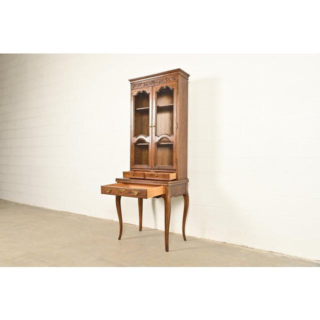Baker Furniture French Provincial Louis XV Carved Oak Secretary Desk With Bookcase Hutch, Circa 1960s For Sale In South Bend - Image 6 of 17