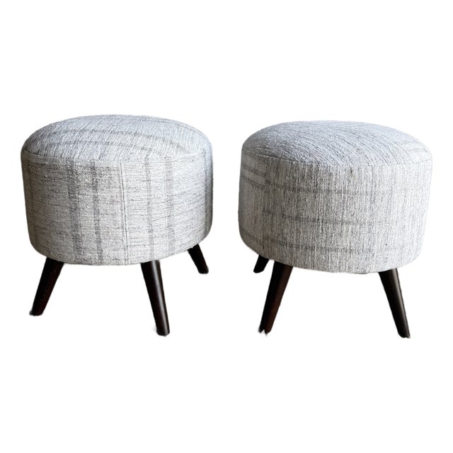 Pair of Off-white Ottomans Made From Vintage Turkish Rugs With Wood Legs For Sale