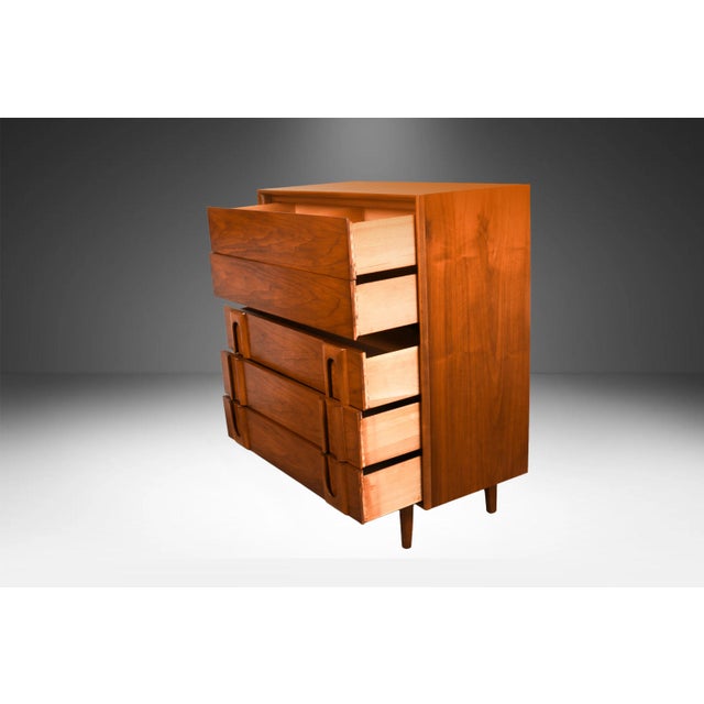 Lane Furniture 1960s Mid Century Vintage Lane Walnut and Burlwood Tall Five Drawer Dresser For Sale - Image 4 of 15
