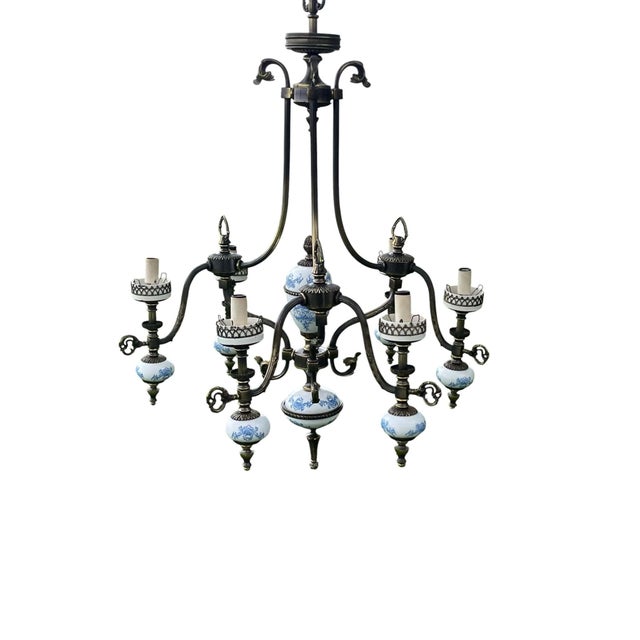 Vintage Six Light Porcelain and Brass Chandelier Made in Spain For Sale - Image 13 of 13