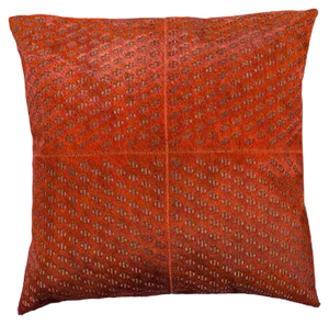 Burnt Orange Patterned Cowhide Cushion with Leather Zip Tassels by Casa Botelho