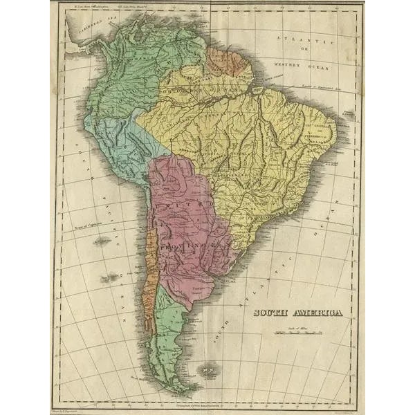 Antique map titled 'south america'. Map of south america with attractive topography, surrounded on three sides by text on...