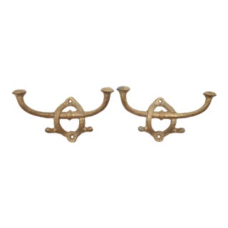 Pair of Antique Eastlake Solid Brass Wall Hooks For Sale