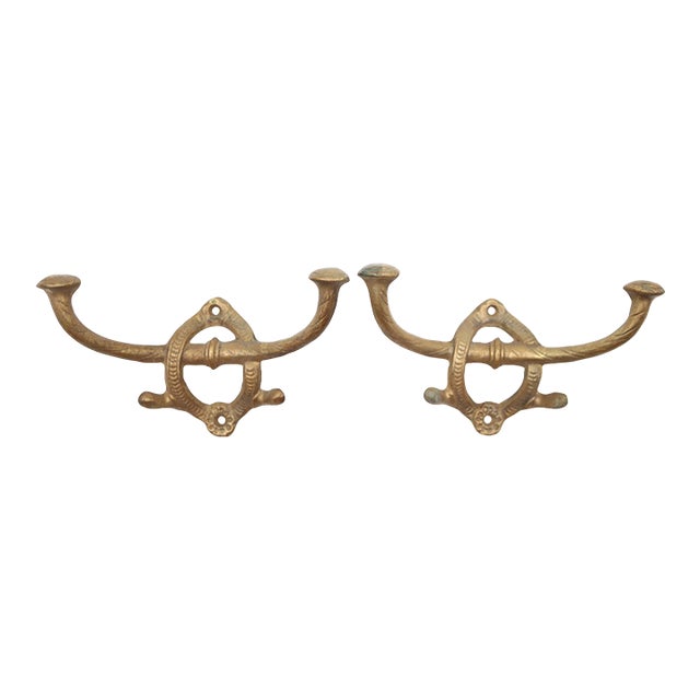 Pair of Antique Eastlake Solid Brass Wall Hooks For Sale