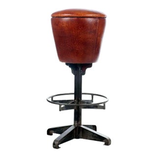 Aged Cognac Leather & Iron Industrial Bar Stool For Sale