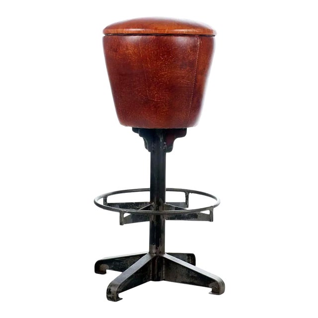 Aged Cognac Leather & Iron Industrial Bar Stool For Sale