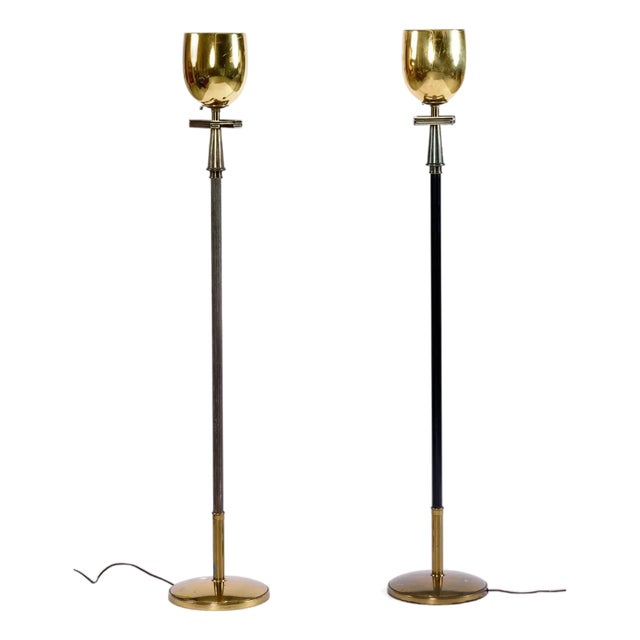 Pair of Art Deco Regency Greek Key Brass Chalice Stiffel Torchiere Floor Lamps Set For Sale