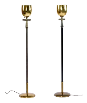 Pair of Art Deco Regency Greek Key Brass Chalice Stiffel Torchiere Floor Lamps Set