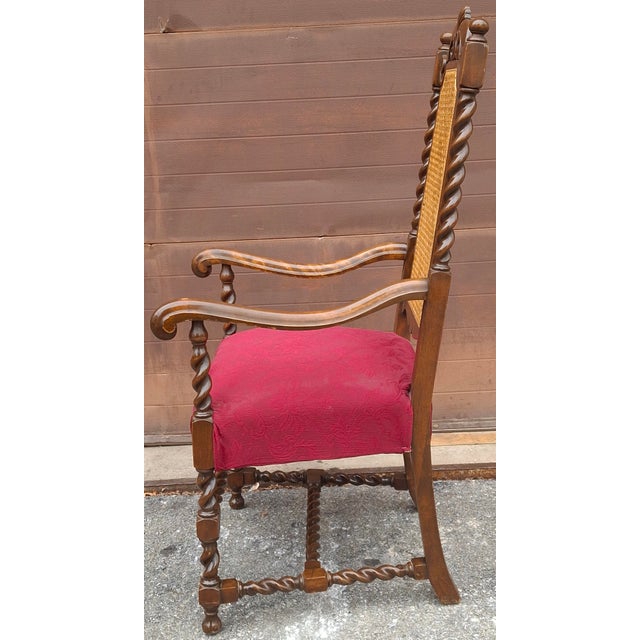 Wood Early 20th C. Jacobean Style Barley Twist Oak, Cane & Upholstered Seat Armchair For Sale - Image 7 of 9