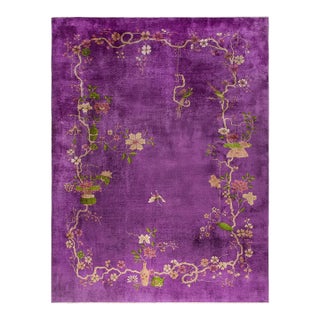 1920s Antique Purple Vase Bird Chinese Handknotted Art Deco Wool Room Size Rug For Sale