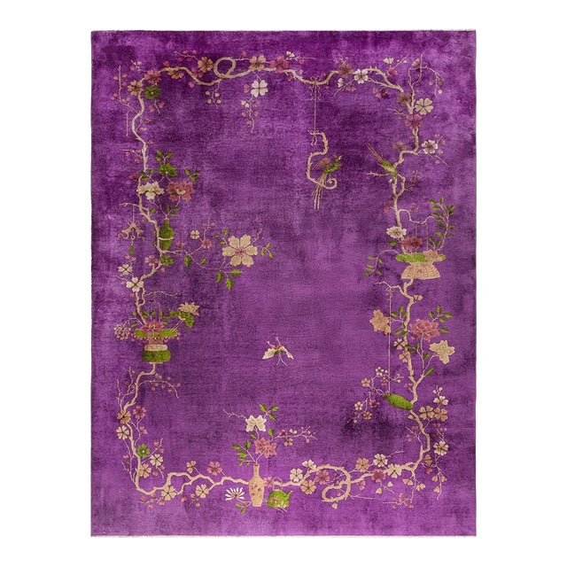 1920s Antique Purple Vase Bird Chinese Handknotted Art Deco Wool Room Size Rug For Sale