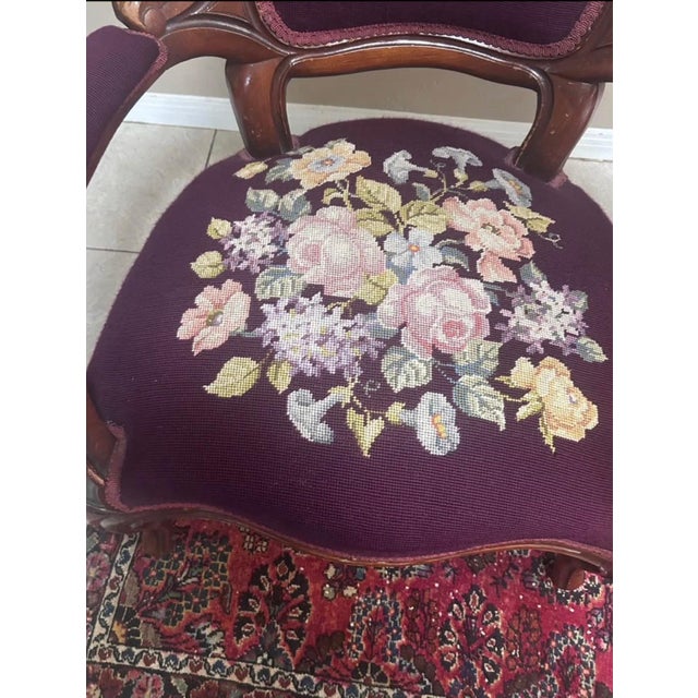 Elegant Late 19th Century Victorian Rococo Revival Walnut Needlepoint Upholstered Armchair For Sale - Image 4 of 9