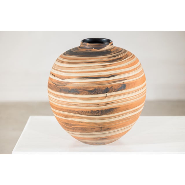 Artisan Hand-Thrown Ceramic Vase with Layered Earth-Tone Slip Decoration For Sale - Image 4 of 18