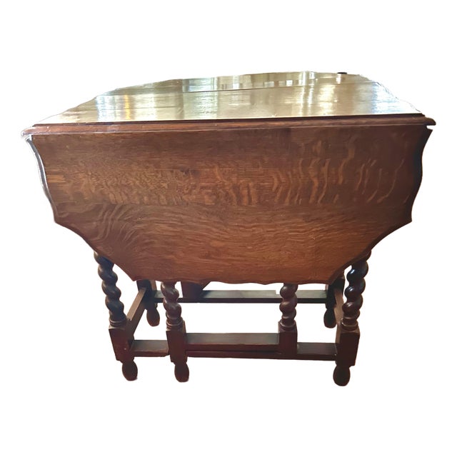 Antique English Oval Drop Leaf Table GateLeg With Scalloped Top Barley Twist Legs For Sale
