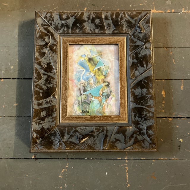 Contemporary Original John Schwab Small Abstract Painting Chunky Leaf Frame For Sale - Image 4 of 4