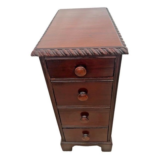 Vintage Mahogany Nightstand Cabinet Chest Four Drawers Rope Twist Carved Top For Sale