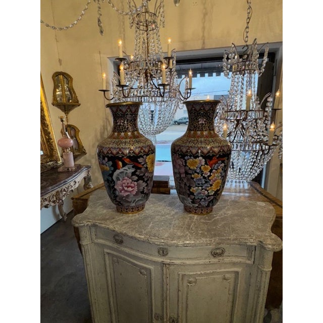 Pair of early 20th century Chinese Cloisonne' enamel vases. Circa 1920. Perfect for today's transitional designs! (Note:...