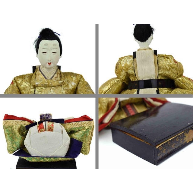 Cream Mid 20th Century Handmade Hand Painted Japanese Imperial Court Hina Doll With Original Case Set of 5 Pieces For Sale - Image 8 of 16