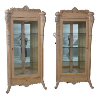 Pair French Style Gold Wash Corner China Cabinets For Sale