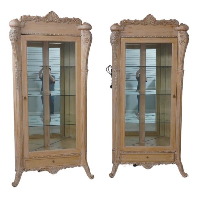 Pair French Style Gold Wash Corner China Cabinets For Sale