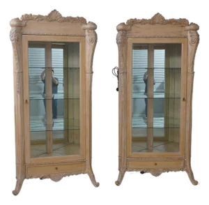Pair French Style Gold Wash Corner China Cabinets