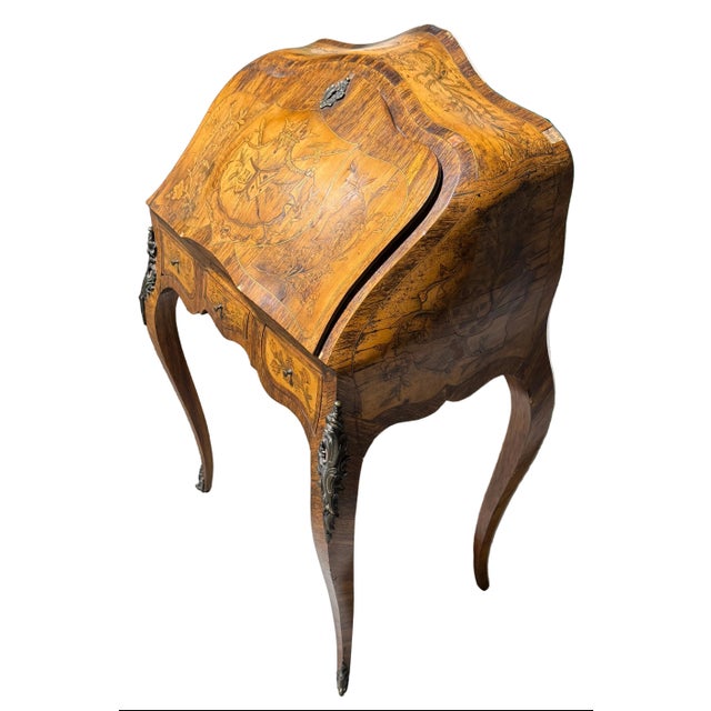 French Gorgeous French Louis XV Walnut Bombe Jewelry Marquetry Table For Sale - Image 3 of 13