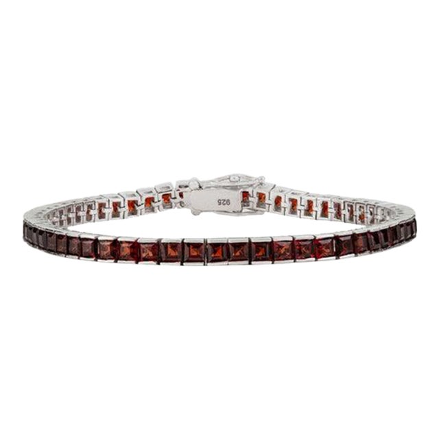 Princess Cut Garnet Gemstone Silver Tennis Bracelet- 7.25 Inches For Sale