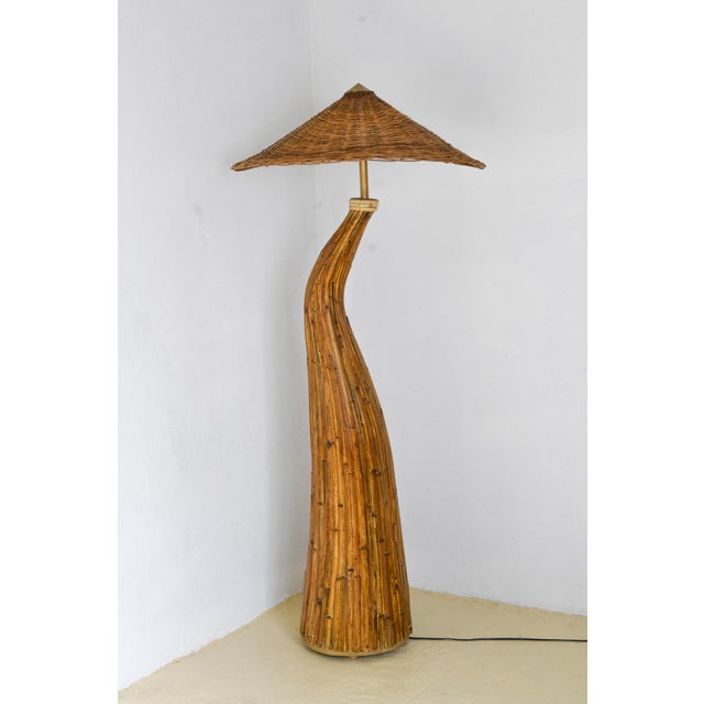 Mid Century Modern Sculptural Shroom Floor Lamp | Handcrafted Mushroom Rattan Statement Lighting For Sale - Image 4 of 4