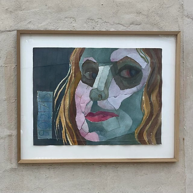 Paper Vintage Boho Signed Original Mixed Media Painting For Sale - Image 7 of 10