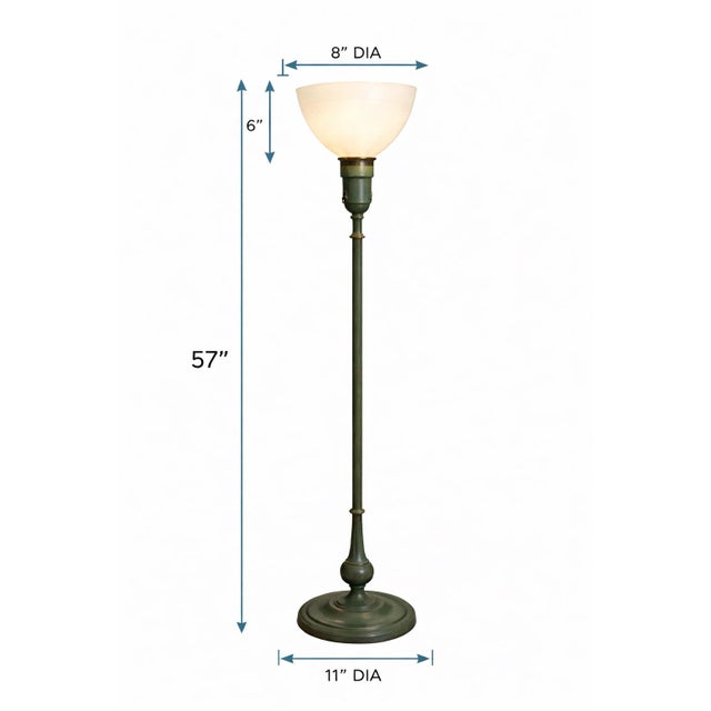 Early 20th Century Vintage Rembrandt Lamps Verdigris Green Torchiere Floor Lamp With Original Textured Milk Glass Shade For Sale - Image 5 of 8