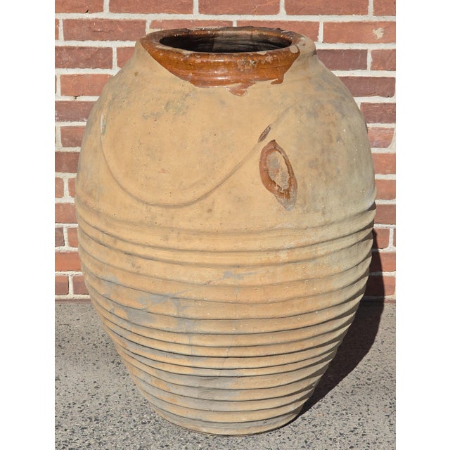 Mediterranean Antique Large 32" Mediterranean Textured Terracotta Olive Jar With Brown Glazed Rim For Sale - Image 3 of 8