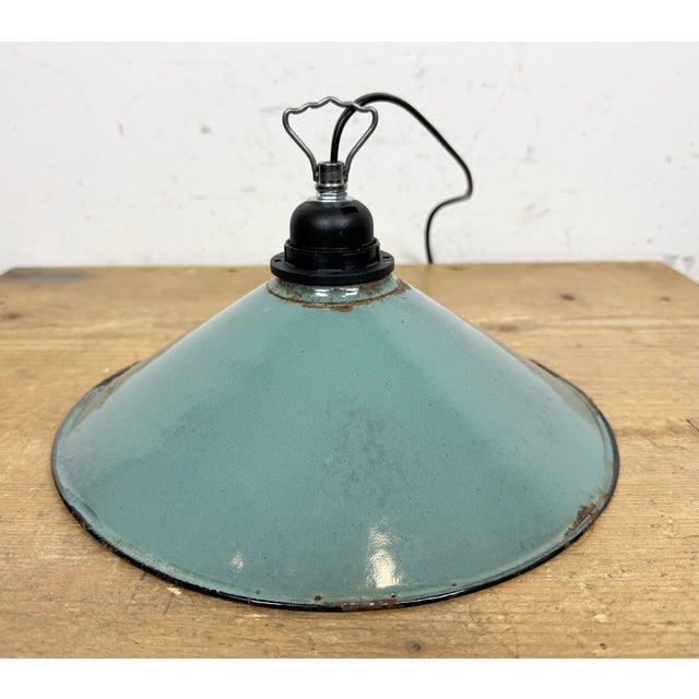 Industrial Petrol Enamel Factory Pendant Lamp, 1960s For Sale - Image 12 of 16