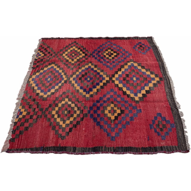 1950s Vintage Kilim Handmade Flatweave Red Geometric Wool Runner 4' 3'' X 4' 7'' For Sale - Image 5 of 11