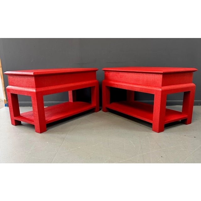 Red 1970s Mid Century Karl Springer Style Lacquered Red Raffia Side Tables With Brass Pulls - a Pair For Sale - Image 8 of 10