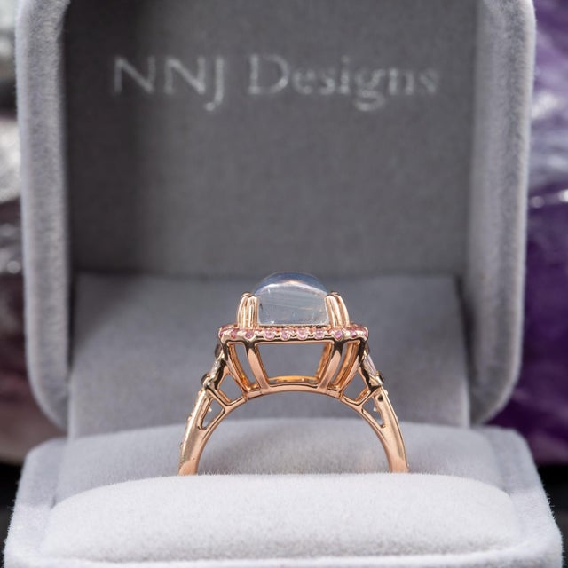 Blue 5.9Ct Rainbow Moonstone Ring With Diamond & Pink Sapphire Accents: 14k Gold Ring For Sale - Image 8 of 9