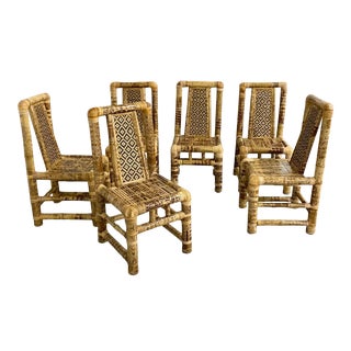1970s Vintage Sculptural Rounded Bamboo Block Style Dining Chairs - Set of 6 For Sale
