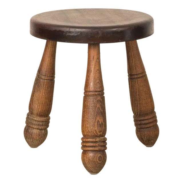 1950s Short French Wood Tripod Stool For Sale