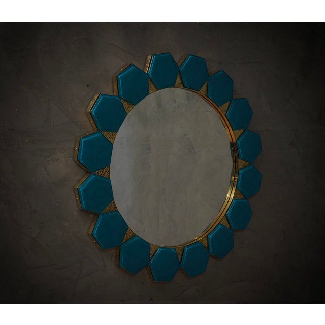 Art Deco Wall Mirror in Murano Blue Glass and Brass, 2000 For Sale - Image 4 of 11