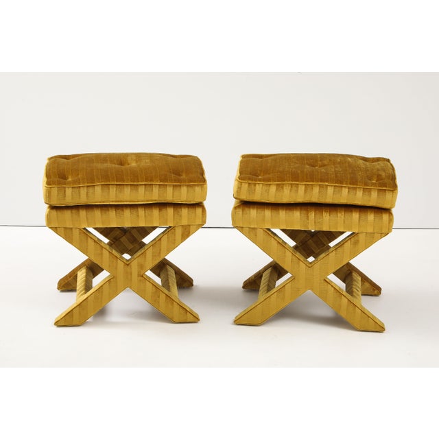 1970's X Base Ottomans in Velvet Upholstery Attributed to Milo Baughman For Sale - Image 10 of 11