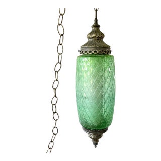 Mid Century Green Glass and Brass Pendant Light For Sale