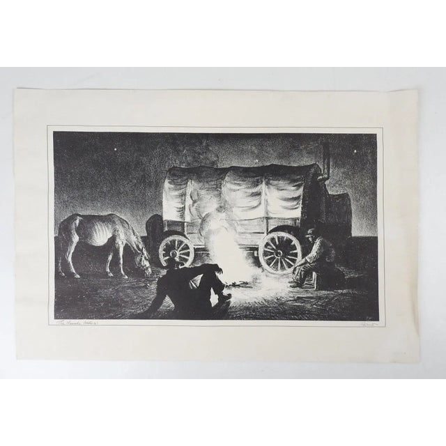 Mid 20th Century Vintage Peter Hurd Nomads Horse Wagon Campfire Print For Sale - Image 5 of 6