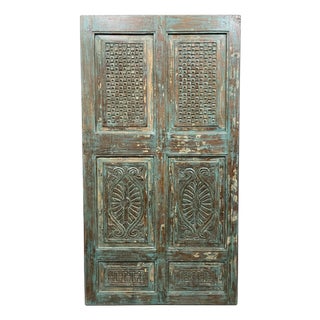 Antique Teal Hand-Carved Wooden Door – Floral Geometric Barn Door Panel 80x38.25 For Sale
