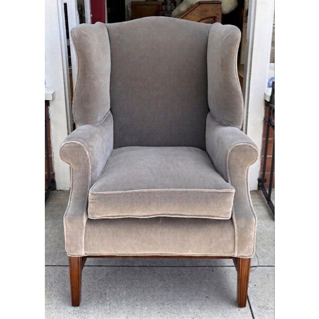 Antique 19c Georgian Wingback Arm Chair. It was freshly upholstered in expensive gray mohair.