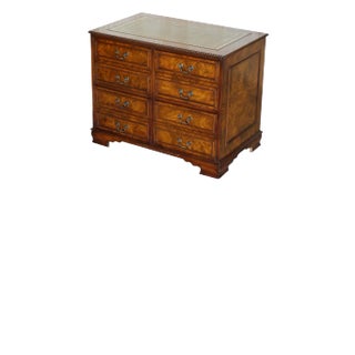 Burr Elm with Green Leather Top Four Drawer Filing Cabinet Part of Office Suite For Sale